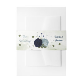 Stoffelijk blauw en marine bloemengroen bruiloft uitnodigingen wikkel