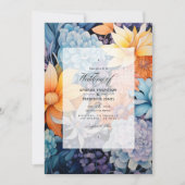 Stoffelijk Blauw en Sinaasappel Bloemen Bruiloft Kaart (Voorkant)