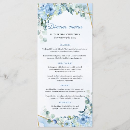 Stoffelijk Blauw Eucalyptus Groen Goud Lijst Diner Menu (Voorkant)