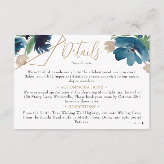 Stoffelijk blauw goud Bloemen Waterverf bruiloft d Informatiekaartje (Voorkant)