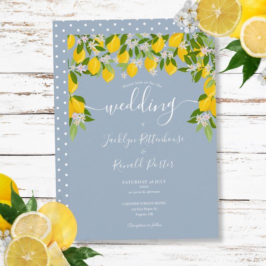 Stoffelijk blauw groen citroenen bloesem bruiloft kaart