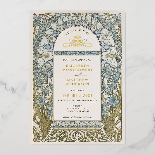 Stoffelijk Blauw Korenbloem Bruiloft Art Nouveau M Folie Uitnodiging (Voorkant)