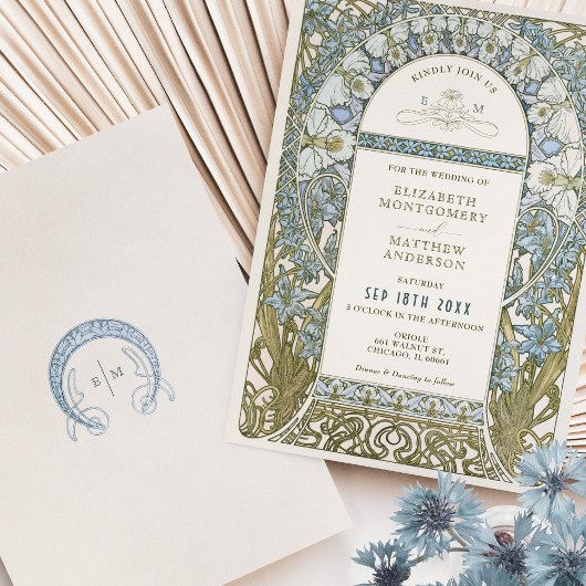 Stoffelijk Blauw Korenbloem Bruiloft Art Nouveau M Kaart