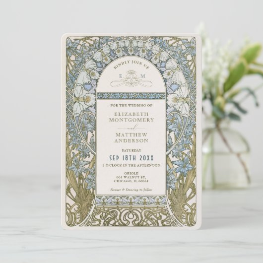 Stoffelijk Blauw Korenbloem Bruiloft Art Nouveau M Kaart (Staand voorkant)