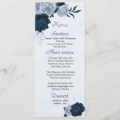 Stoffelijk blauw & marine bloemen & bladeren bruil menu (Voorkant)