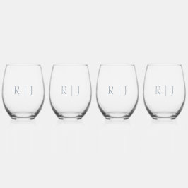 Stoffelijk Blauw Monogrammen Minimale Huwelijkscad Wijnglas Zonder Voet