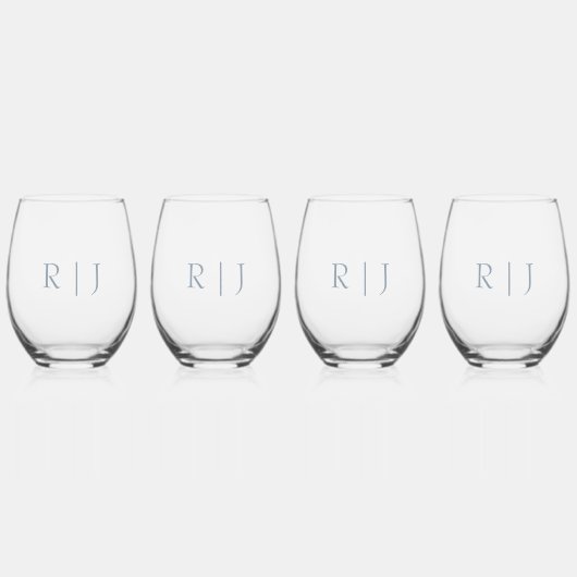 Stoffelijk Blauw Monogrammen Minimale Huwelijkscad Wijnglas Zonder Voet (Voorkant)