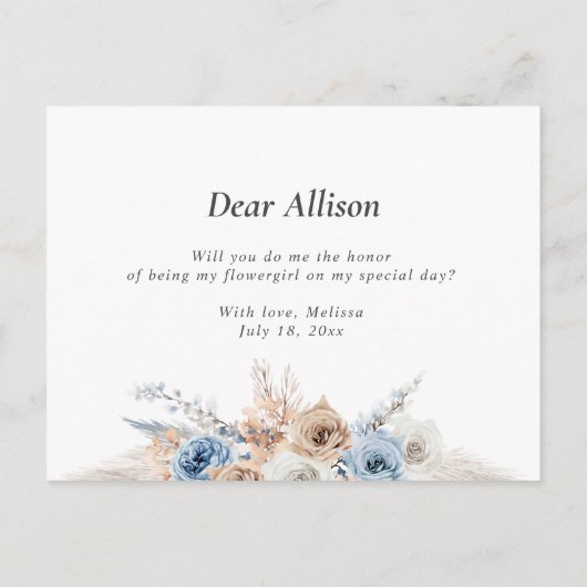 Stoffelijk blauw pampasgras zal je mijn bloemmeisj uitnodiging briefkaart (Achterkant)