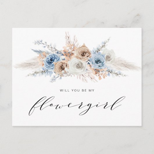 Stoffelijk blauw pampasgras zal je mijn bloemmeisj uitnodiging briefkaart (Voorkant)