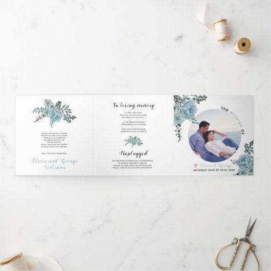 Stoffelijk blauw waterverf groen blad, foto drieluik programma (Buitenkant)