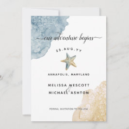 Stoffelijk Blauw Waterverf Strand Modern Kustbruil Save The Date