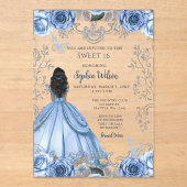 Stoffelijk Blauw Zilver Bloemen Prinses ZOET 16 Acryl Uitnodigingen (Voorkant)