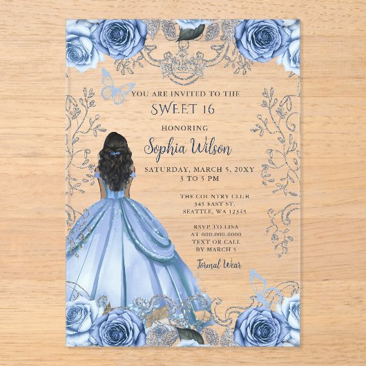 Stoffelijk Blauw Zilver Bloemen Prinses ZOET 16 Acryl Uitnodigingen (Voorkant)