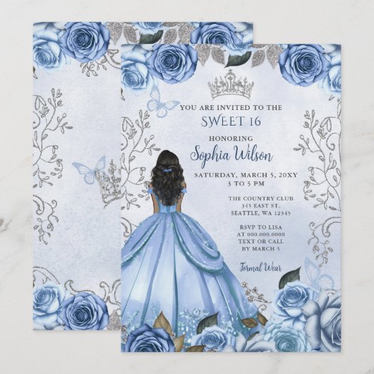 Stoffelijk Blauw Zilver Bloemen Prinses ZOET 16 Kaart (Voorkant / Achterkant)