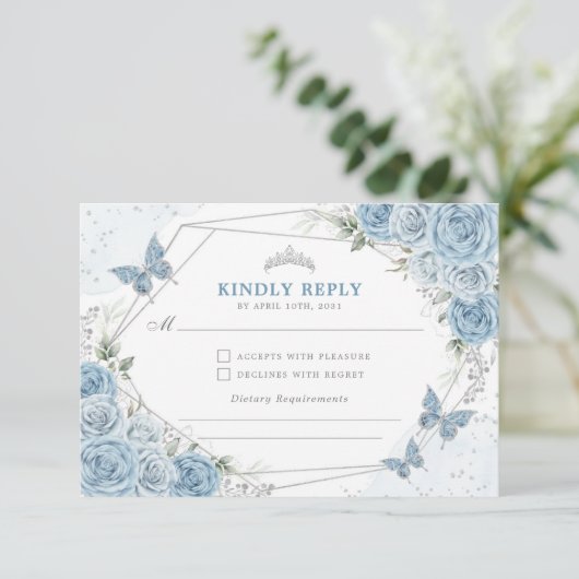 Stoffelijk Blauw Zilver Quinceanera 15e Verjaardag Informatiekaartje (Staand voorkant)