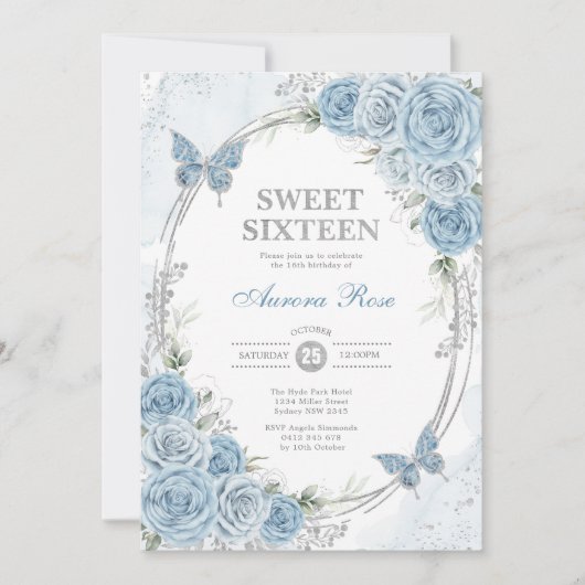 Stoffelijk Blauw Zilver Zoet Zestien 16e Verjaarda Kaart (Voorkant)