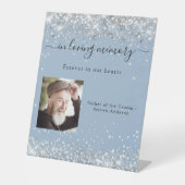 Stoffelijk blauw zilveren foto trouwmonument reclamebord met voetstuk (Voorkant)