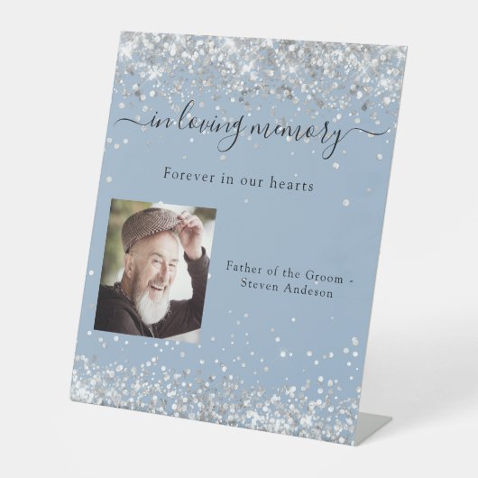 Stoffelijk blauw zilveren foto trouwmonument reclamebord met voetstuk (Voorkant)