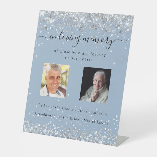 Stoffelijk blauw zilveren foto trouwmonument reclamebord met voetstuk (Voorkant)