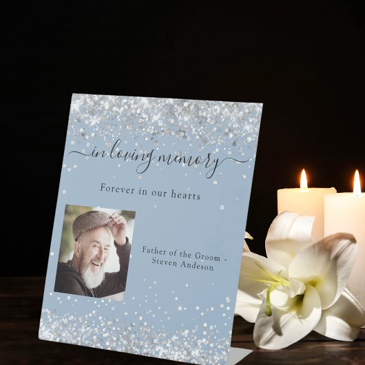 Stoffelijk blauw zilveren foto trouwmonument reclamebord met voetstuk