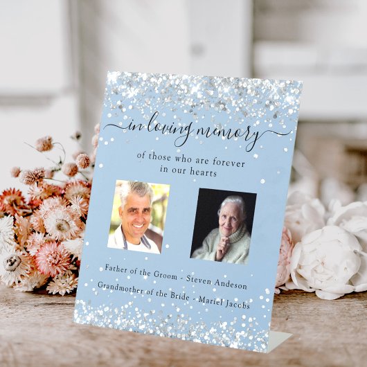 Stoffelijk blauw zilveren foto trouwmonument reclamebord met voetstuk