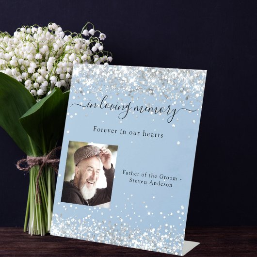 Stoffelijk blauw zilveren foto trouwmonument reclamebord met voetstuk