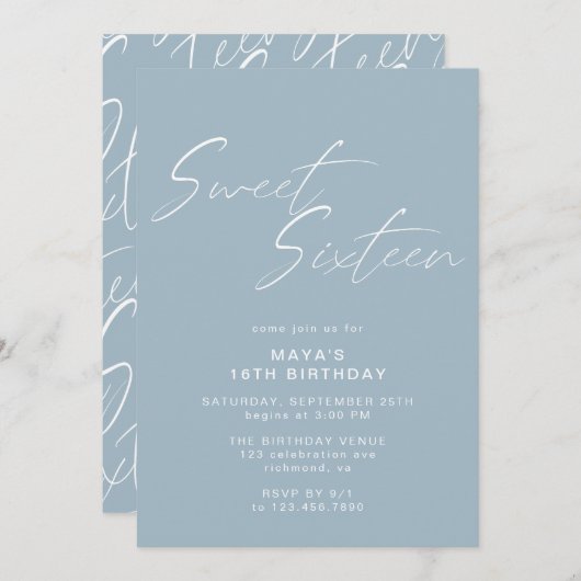 Stoffelijk Blauw Zoet Zestien Eenvoudig Chique 16e Kaart (Voorkant / Achterkant)
