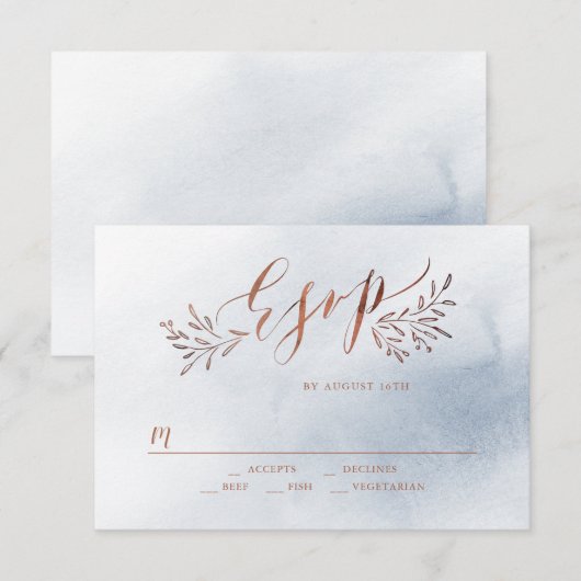 Stoffelijk blauwe kalligrafie rustieke bloemenbrui RSVP kaartje (Voorkant / Achterkant)