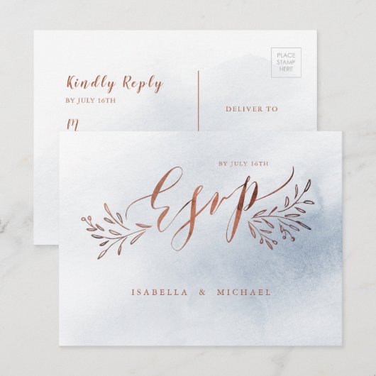 Stoffelijk blauwe kalligrafie rustieke bloemenbrui uitnodiging briefkaart (Voorkant / Achterkant)