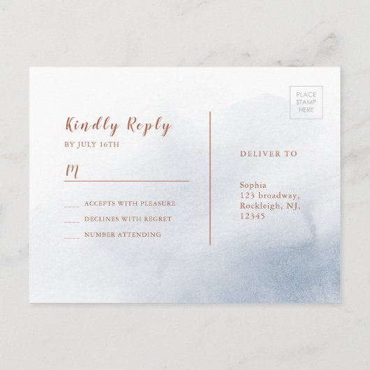 Stoffelijk blauwe kalligrafie rustieke bloemenbrui uitnodiging briefkaart (Achterkant)