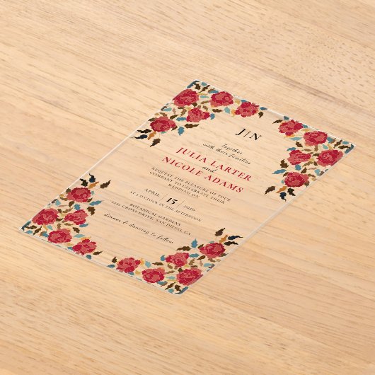 Stoffelijk Elegant Gouden Rode Rose Bloem Bruiloft Acryl Uitnodigingen (Laagn)