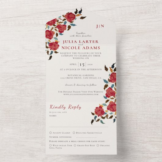 Stoffelijk Elegant Gouden Rode Rose Bloem Bruiloft All In One Uitnodiging (Binnen)