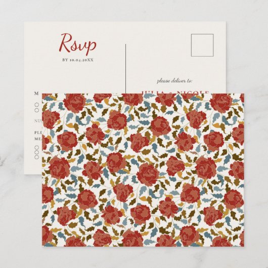 Stoffelijk Elegant Gouden Rode Rose Bloem Bruiloft Briefkaart (Voorkant / Achterkant)