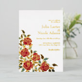 Stoffelijk Elegant Gouden Rode Rose Bloem Bruiloft Folie Uitnodiging (Staand Voorkant)