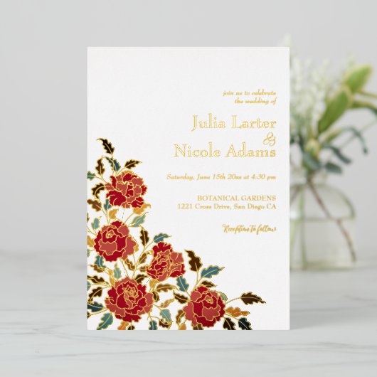 Stoffelijk Elegant Gouden Rode Rose Bloem Bruiloft Folie Uitnodiging (Staand Voorkant)