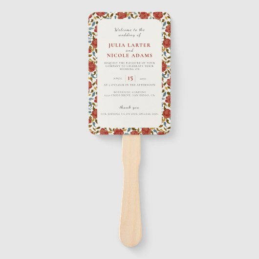 Stoffelijk Elegant Gouden Rode Rose Bloem Bruiloft Handwaaier (Voorkant)