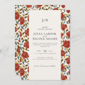 Stoffelijk Elegant Gouden Rode Rose Bloem Bruiloft Kaart (Voorkant / Achterkant)