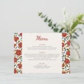 Stoffelijk Elegant Gouden Rode Rose Bloem Bruiloft Menu (Staand voorkant)