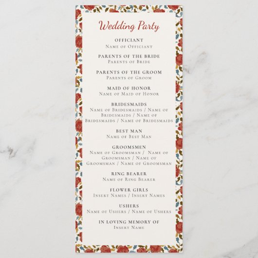 Stoffelijk Elegant Gouden Rode Rose Bloem Bruiloft Programmakaart (Achterkant)