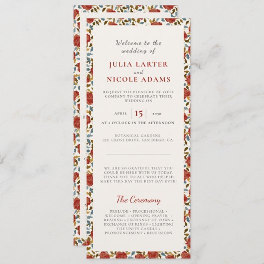 Stoffelijk Elegant Gouden Rode Rose Bloem Bruiloft Programmakaart (Voorkant / Achterkant)