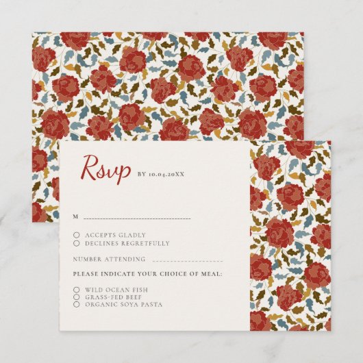 Stoffelijk Elegant Gouden Rode Rose Bloem Bruiloft RSVP Kaartje (Voorkant / Achterkant)