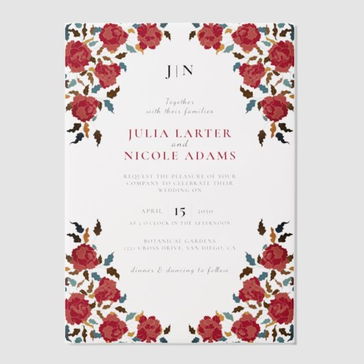 Stoffelijk Elegant Gouden Rode Rose Bloem Bruiloft Vellum Uitnodigingen (Voorkant)