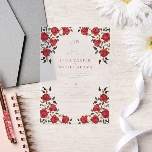 Stoffelijk Elegant Gouden Rode Rose Bloem Bruiloft Vellum Uitnodigingen (Huwelijk)