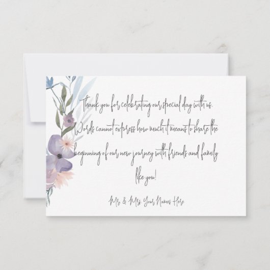 Stoffelijk Paarse & Blauwe Boho Bloemenbruiloft Bedankkaart (Achterkant)