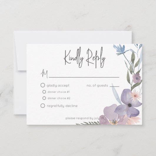 Stoffelijk Paarse & Blauwe Boho Bloemenbruiloft RSVP Kaartje (Voorkant)