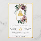 Stoffelijk Paarse Bloemen Crest Moslim Bruiloft Go Folie Uitnodiging (Voorkant)