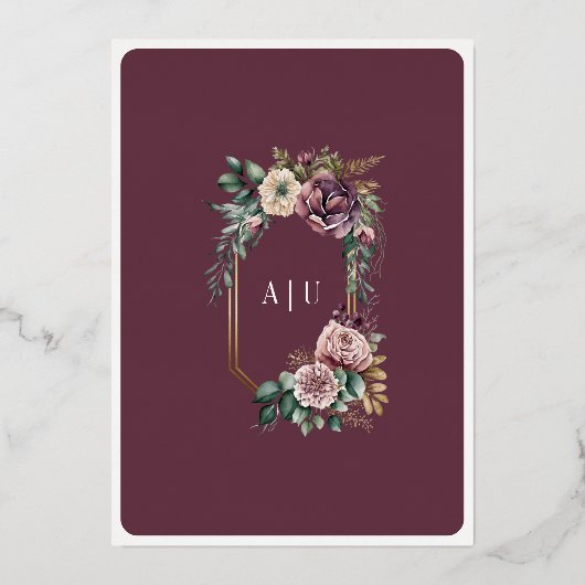 Stoffelijk Paarse Bloemen Crest Moslim Bruiloft Go Folie Uitnodiging (Achterkant)