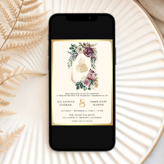 Stoffelijk Paarse gouden bloemenkam moslim bruilof Kaart