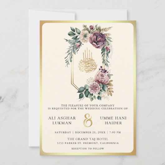 Stoffelijk Paarse gouden bloemenkam moslim bruilof Kaart (Voorkant)