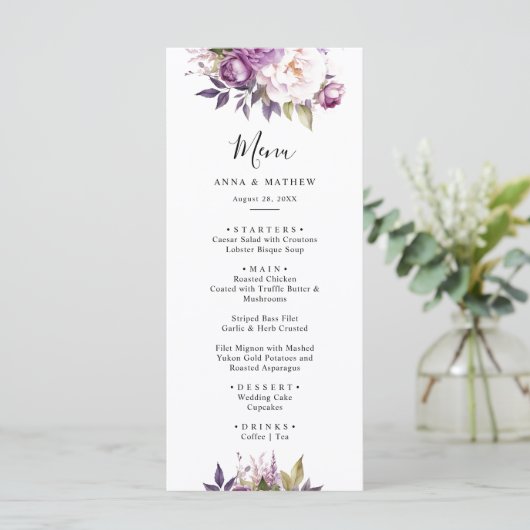 Stoffelijk Paarse Lavendel Bloemen Boho bruiloft Menu (Staand voorkant)